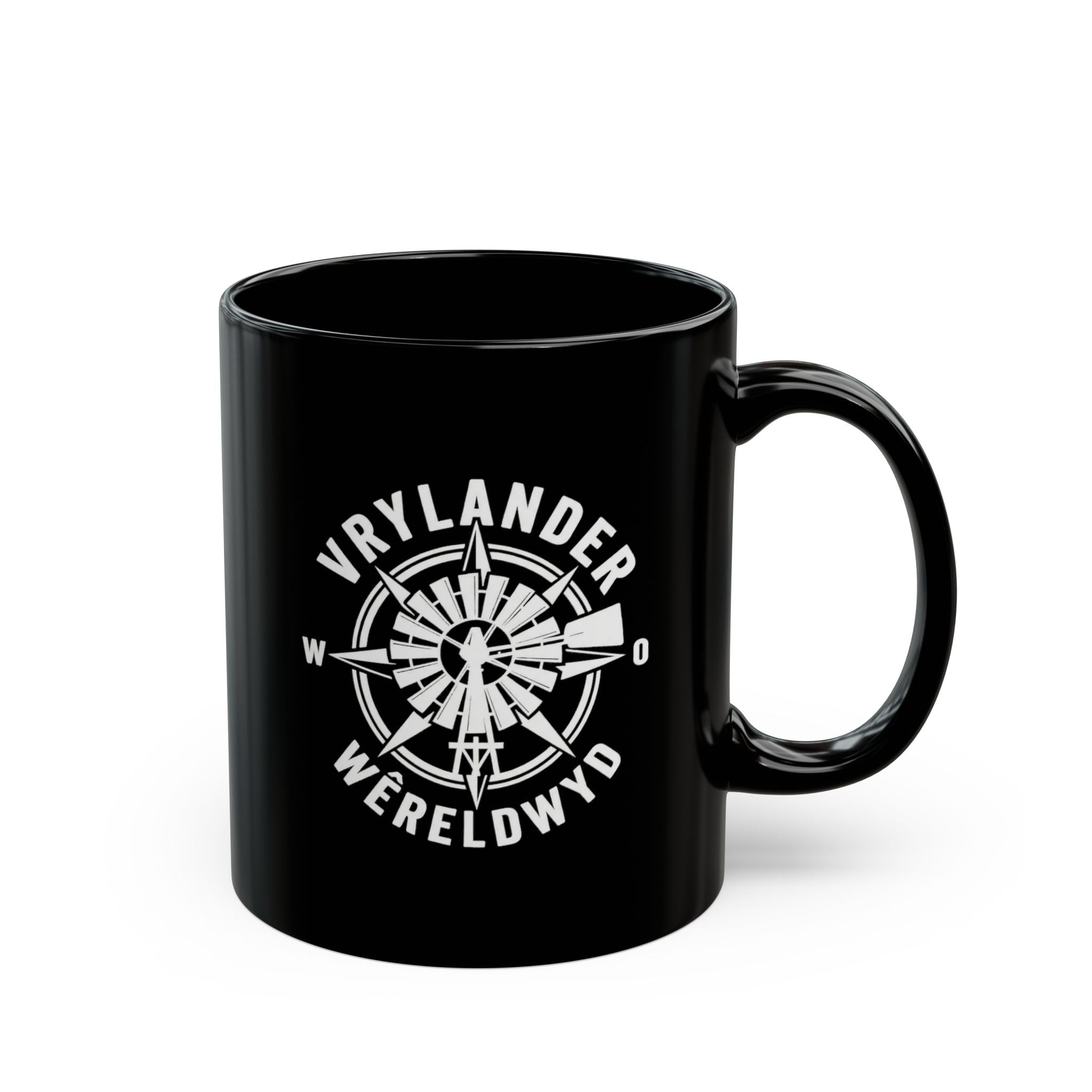 Vrylander Wereldwyd Compass Coffee Mug — Black Ceramic (11oz/15oz)