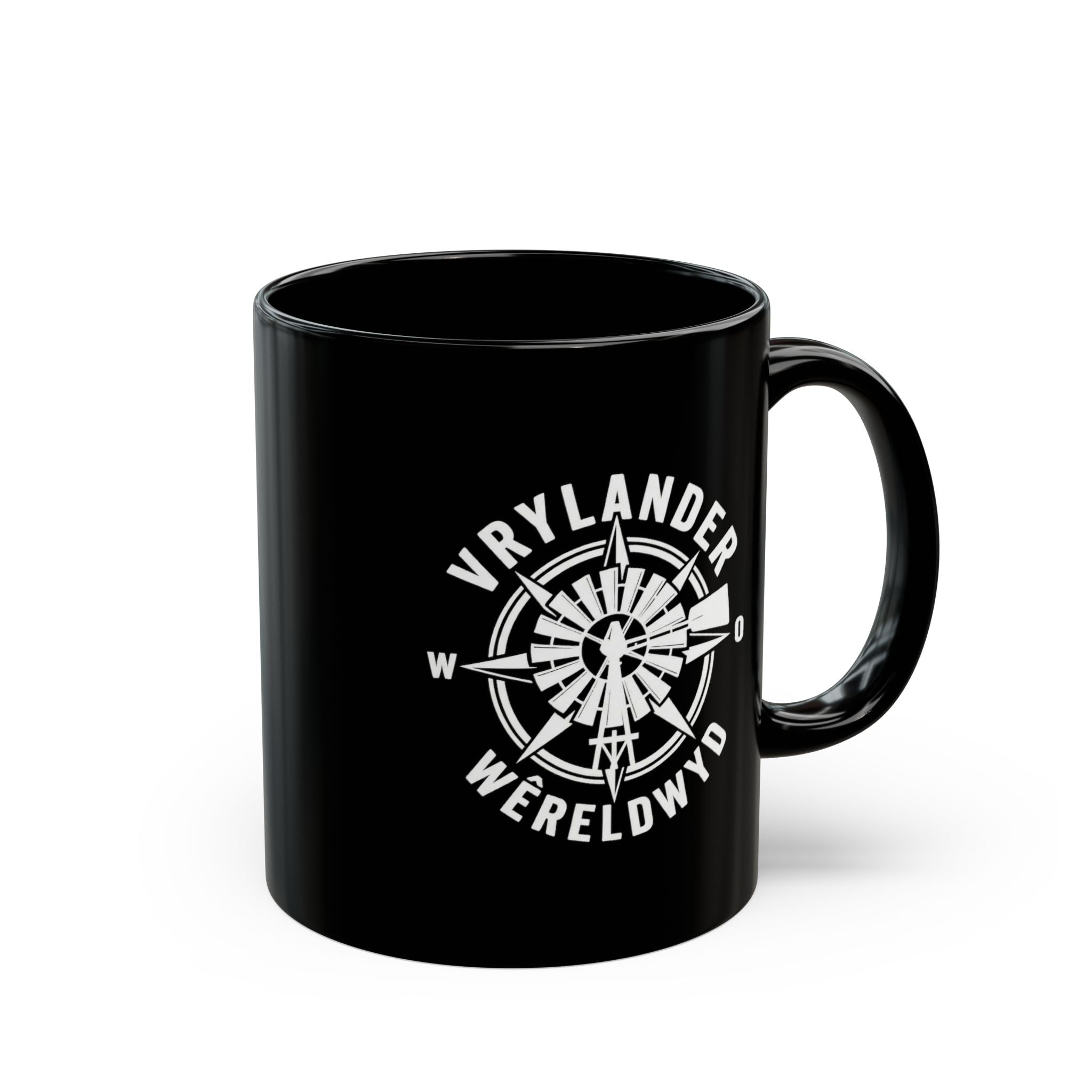 Vrylander Wereldwyd Compass Coffee Mug — Black Ceramic (11oz/15oz)